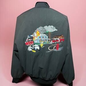 VINTAGE 80s Fireman Jacket Size L Embroidered Bomber Westark Black Streetwear